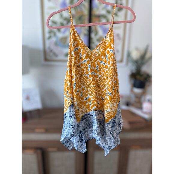 NWT THML Tasseled Front Handkerchief Hem Tank Top Yellow Blue Womens Size Large - Picture 3 of 9